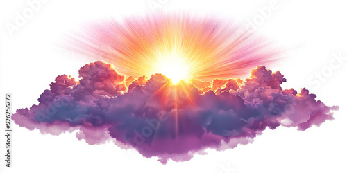 sunset with amazing lens flare effect, rays of sunlight breaking through clouds, on white background photo