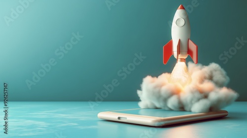 Fototapeta Naklejka Na Ścianę i Meble -  rocket spaceship launching from mobile phone.
