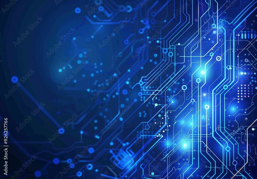 Obraz premium Blue Technology Background Featuring Circuit Board Lines and Dots.
