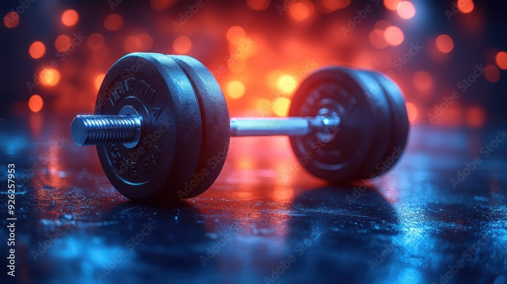 Closeup of gym dumbbell on the floor bokeh red and blue lights reflecting, fitness equipment in a modern indoor workout space, strength training, exercise, health. Closeup of gym dumbbell on the floor bokeh red and blue lights reflecting, fitness equipment in a modern indoor workout space, strength training, exercise, health.