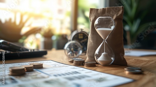 An hourglass, coins, and financial documents symbolize the concept of loan payback calculation and time management.