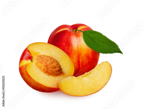 Nectarine fruit whole and half with green leaf isolated on white background