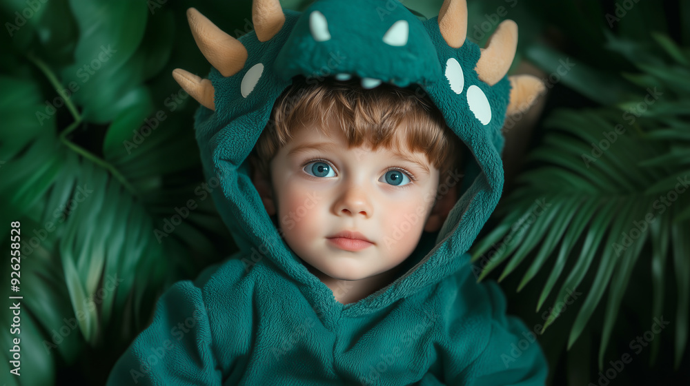  a cute boy in a green dinosaur costume with a hood and horns on his head, sitting among leaves.
