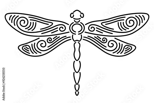 Vector line art with black dragonfly silhouette on the white background
