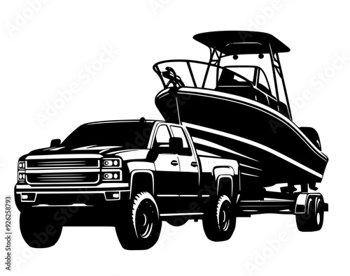 Pickup truck trailer towing boat vector illustration	