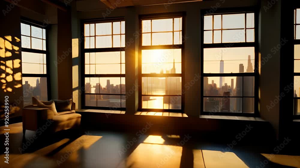 Video of spacious room with large windows overlooking cityscape at sunset, where warm light fills space, creating peaceful and reflective atmosphere, for solitude and relaxation Video of spacious room with large windows overlooking cityscape at sunset, where warm light fills space, creating peaceful and reflective atmosphere, for solitude and relaxation