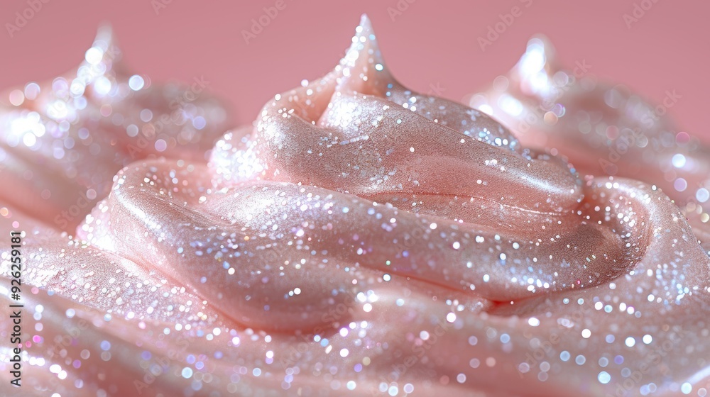 Fototapeta premium Swirls of glittery pink frosting topped with a delicate peak against a soft pastel background