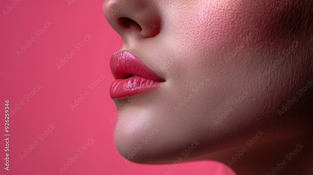 Naklejka premium Close-up of a woman's lips highlighted against a pink background during a beauty shoot
