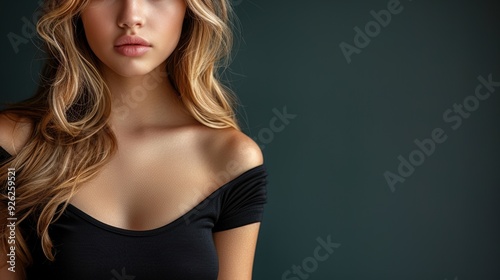 Young woman with long wavy hair poses in a black off-shoulder top against a dark background in soft natural light