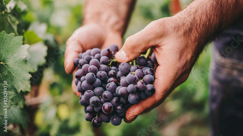 A close-up of a farmer's hands carefully harvesting grapes.