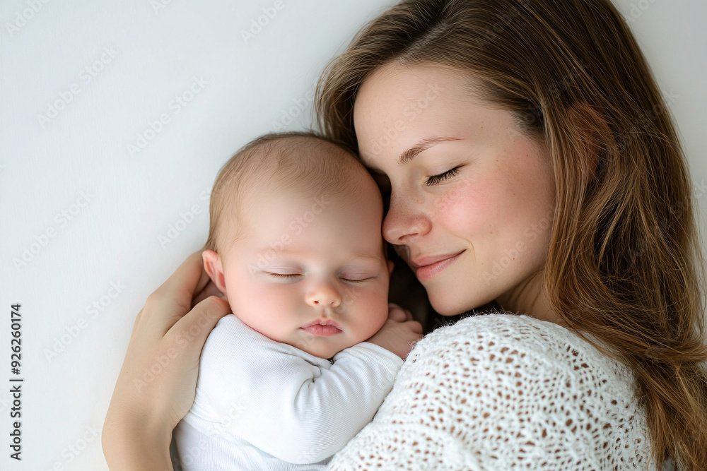 Portrait of a mother holding her sleeping newborn in her arms, isolated on a white background. Tender moment of love and care, ideal for parenting and family-related uses. Portrait of a mother holding her sleeping newborn in her arms, isolated on a white background. Tender moment of love and care, ideal for parenting and family-related uses.