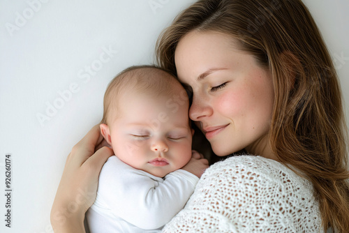 Portrait of a mother holding her sleeping newborn in her arms, isolated on a white background. Tender moment of love and care, ideal for parenting and family-related uses.