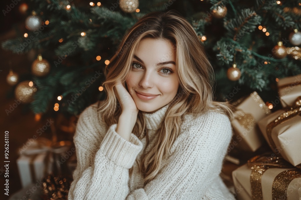 portrait of smiling beautiful woman in white sweater sitting near Christmas tree with gifts