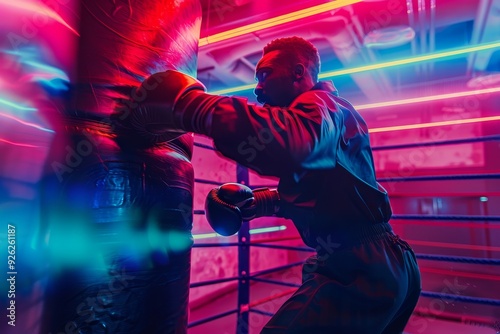 Boxer Training with Speed Bag in a Vibrant Neon-Lit Gym.