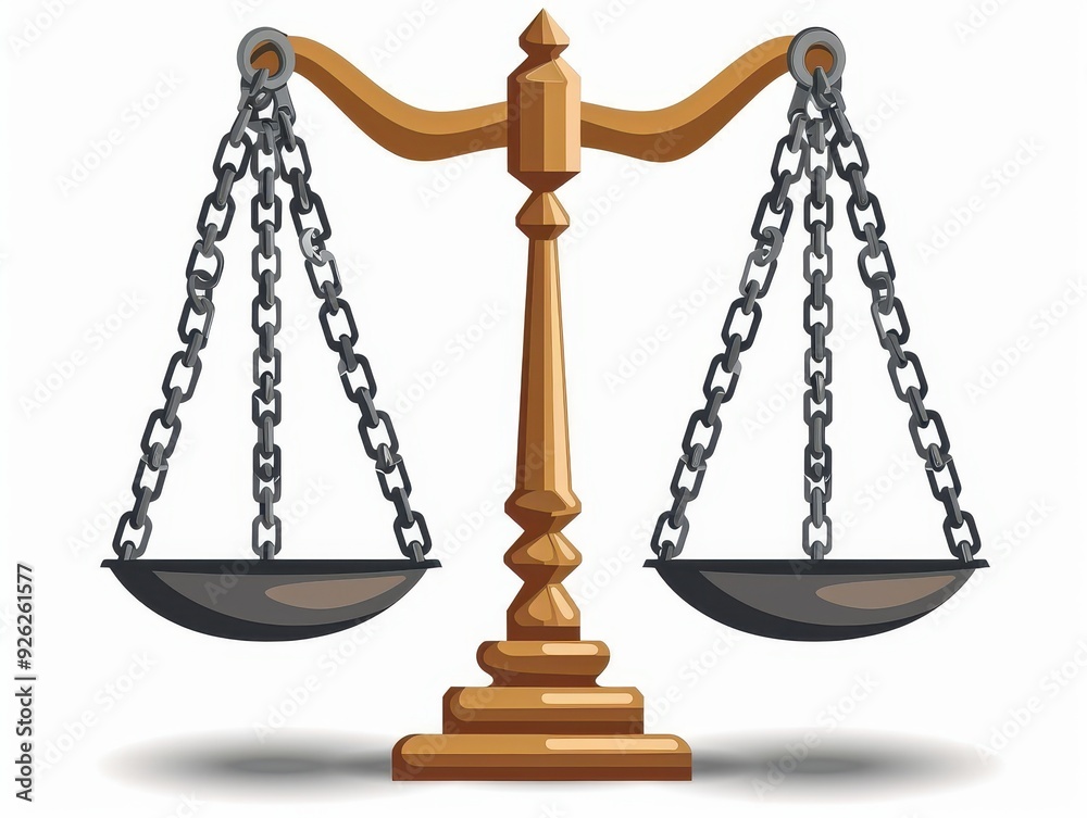A wooden scale with two empty trays hangs from chains. The scales are balanced, symbolizing justice, equality, and fairness. A wooden scale with two empty trays hangs from chains. The scales are balanced, symbolizing justice, equality, and fairness.