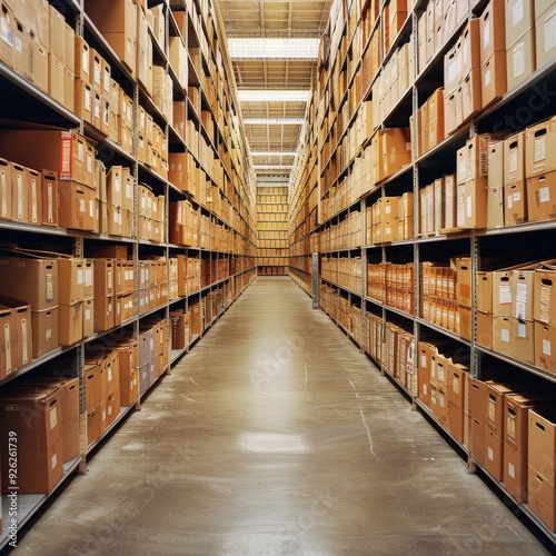 A methodical storage facility with rows of brown file boxes, extending into a high-ceilinged space, epitomizing meticulous organization and record-keeping.