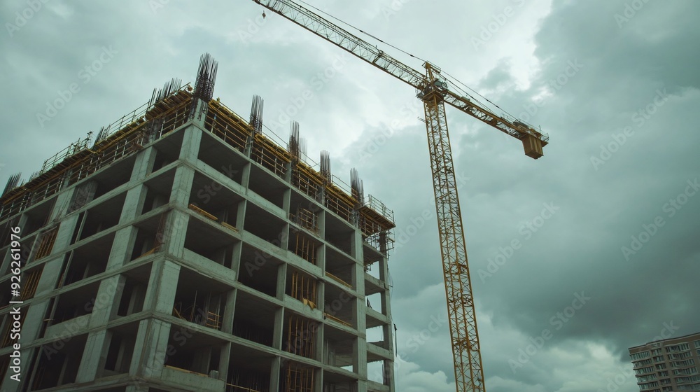 Dynamic View of Unfinished Building and Tower Crane in Construction Site Dynamic View of Unfinished Building and Tower Crane in Construction Site