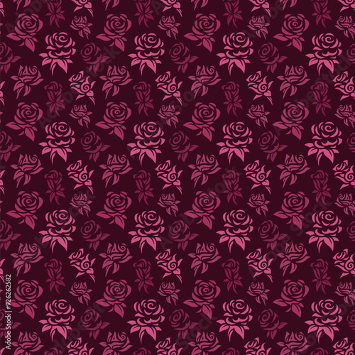 Vector art with purple floral tile pattern with roses on the dark background