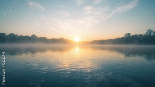 Golden Hour Serenity: A tranquil lake reflects the golden glow of sunrise