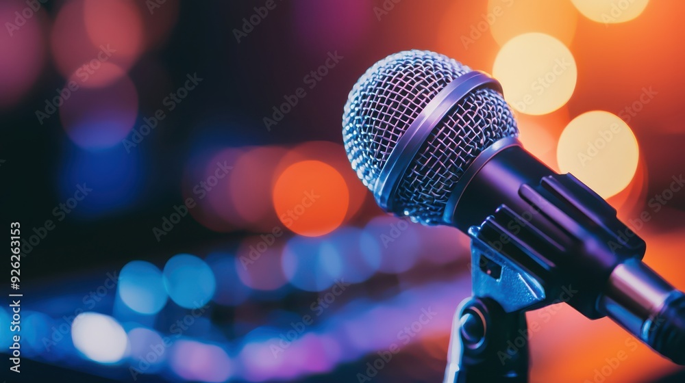 A close-up of a microphone with colorful bokeh lights in the background, perfect for music and performance themes. A close-up of a microphone with colorful bokeh lights in the background, perfect for music and performance themes.
