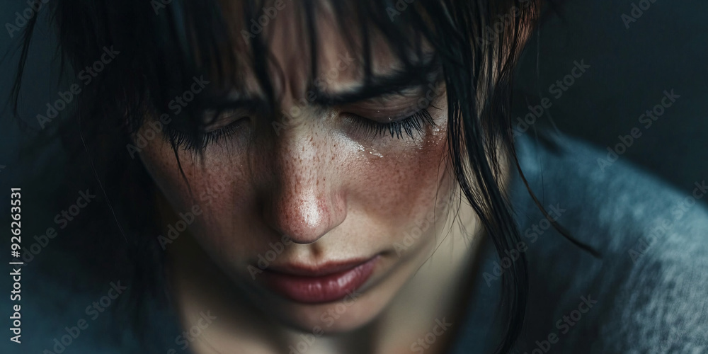 A sad, grieving woman with tears streaming down her face, depicting the emotional pain and mental struggle of depression and life difficulties. A sad, grieving woman with tears streaming down her face, depicting the emotional pain and mental struggle of depression and life difficulties.