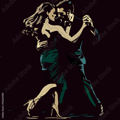 An elegant couple shares a passionate dance, dressed in formal attire with a flowing gown and tuxedo, captured in a timeless, romantic moment.