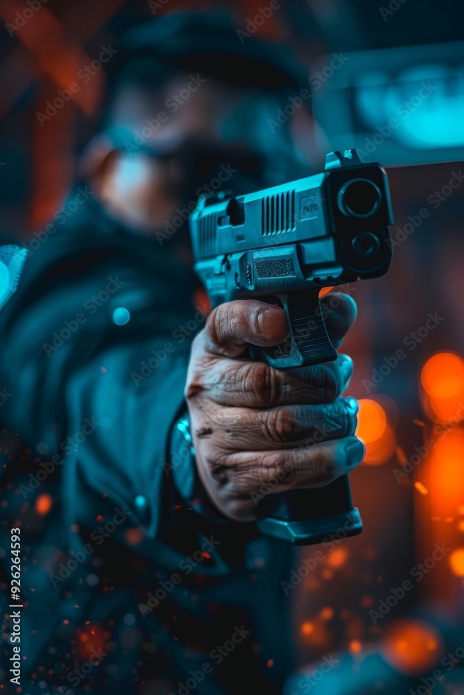 A man in shadow brandishing a handgun, blurred background with dramatic orange and blue lighting. A man in shadow brandishing a handgun, blurred background with dramatic orange and blue lighting.