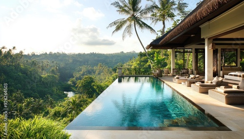 Tropical villa with infinity pool overlooking jungle.