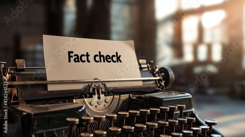 Vintage typewriter with 'fact check' paper symbolizes the importance of verifying information for media integrity. photo