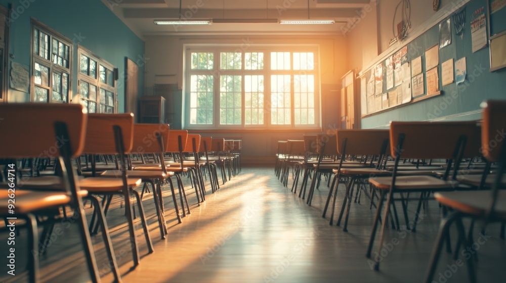 A brightly lit, empty classroom with rows of chairs and desks, large windows allowing sunlight to stream in, and educational materials displayed on the walls. A brightly lit, empty classroom with rows of chairs and desks, large windows allowing sunlight to stream in, and educational materials displayed on the walls.
