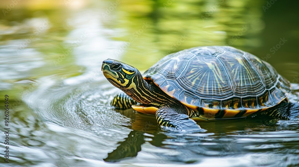 An enchanting image of a turtle floating in water, surrounded by a lush green natural background. The photo captures the peacefulness and detailed patterns of the turtle's shell. An enchanting image of a turtle floating in water, surrounded by a lush green natural background. The photo captures the peacefulness and detailed patterns of the turtle's shell.