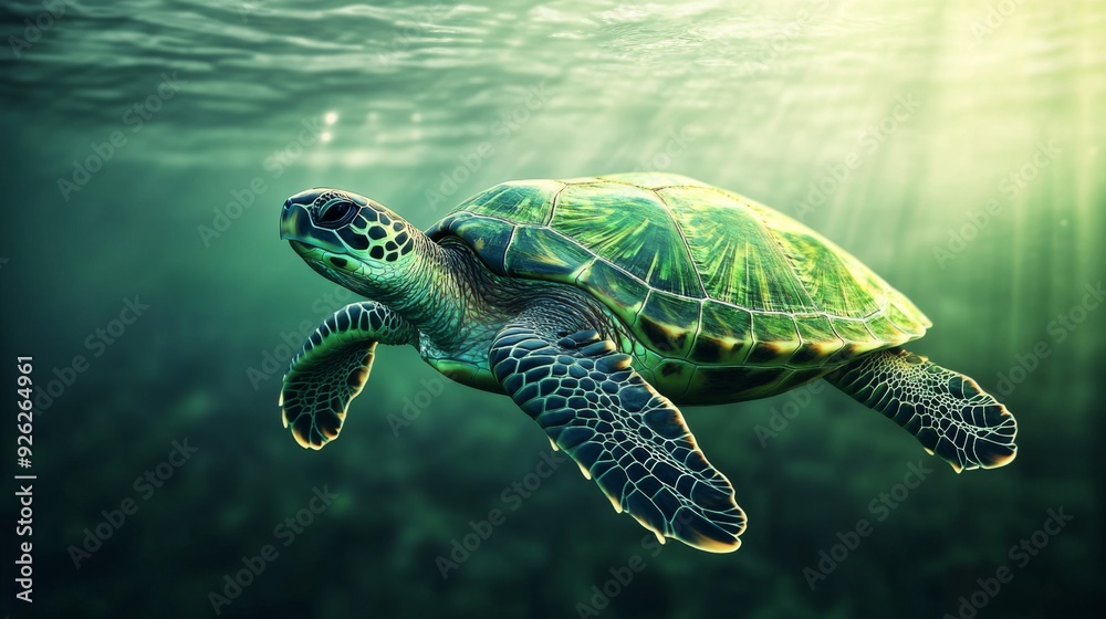 Obraz premium The image depicts a beautiful sea turtle gracefully swimming in the ocean, illuminated by sunlight streaming through the water, highlighting the turtle's intricate shell and surroundings.