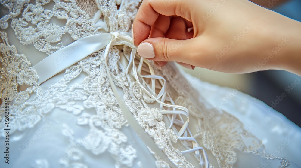 Helping Hands: Bridesmaid Tying Laces on Wedding Dress Closeup Helping Hands: Bridesmaid Tying Laces on Wedding Dress Closeup
