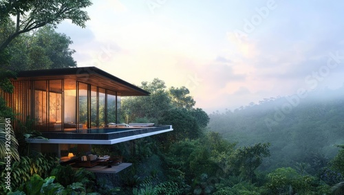Modern house on cliff overlooking misty jungle.