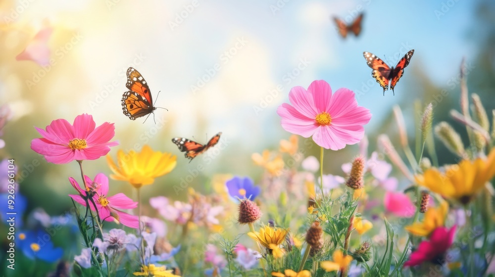 A vibrant summer meadow filled with blooming flowers of various colors, and butterflies fluttering around, creating a delightful scene brimming with life and natural beauty. A vibrant summer meadow filled with blooming flowers of various colors, and butterflies fluttering around, creating a delightful scene brimming with life and natural beauty.