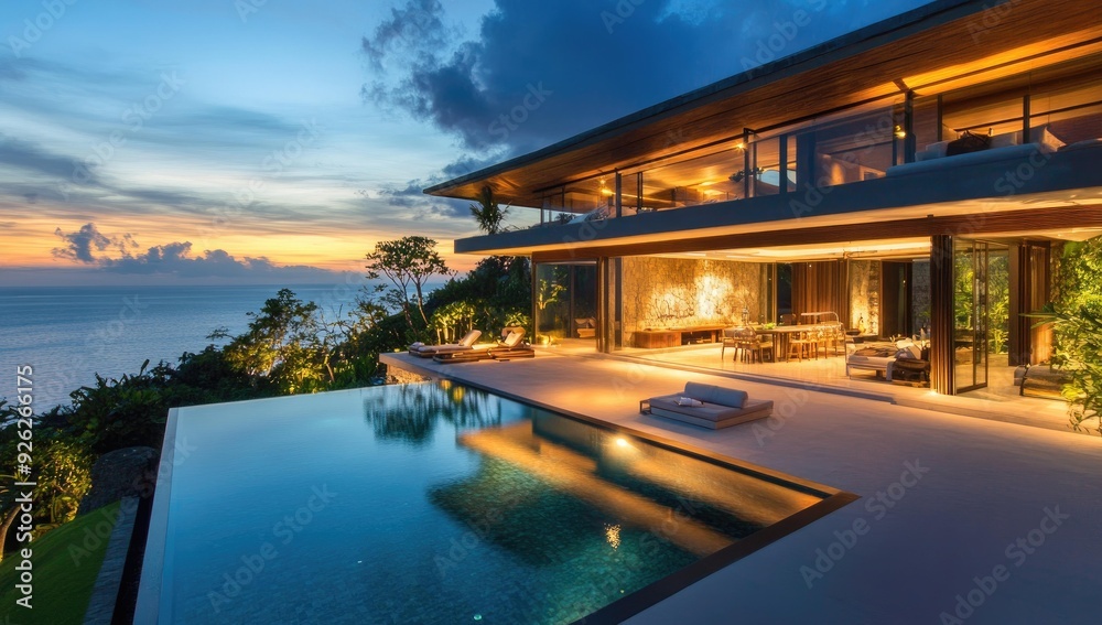 Fototapeta premium Modern house with infinity pool overlooking ocean.