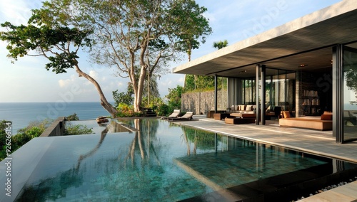 Modern home with pool overlooking the ocean.