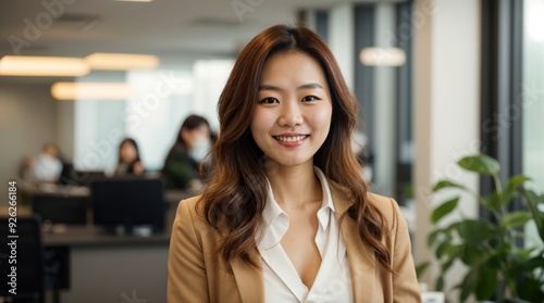 Office environment with a smiling woman in professional outfit 