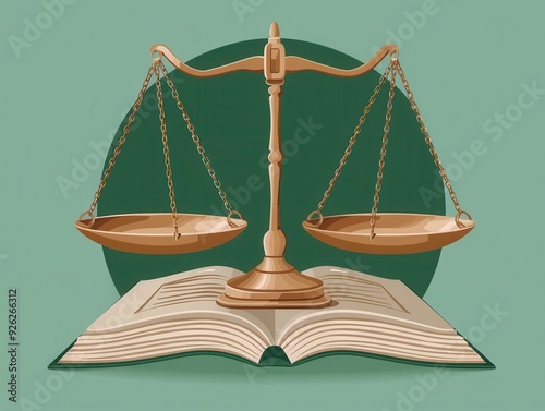 Scales of justice on an open book, symbolizing law, fairness, and balance.