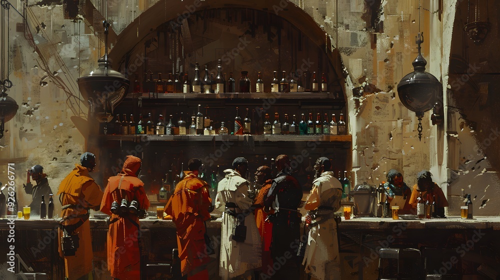 Fantasy Bar Scene with Mysterious Figures. Fantasy Bar Scene with Mysterious Figures.