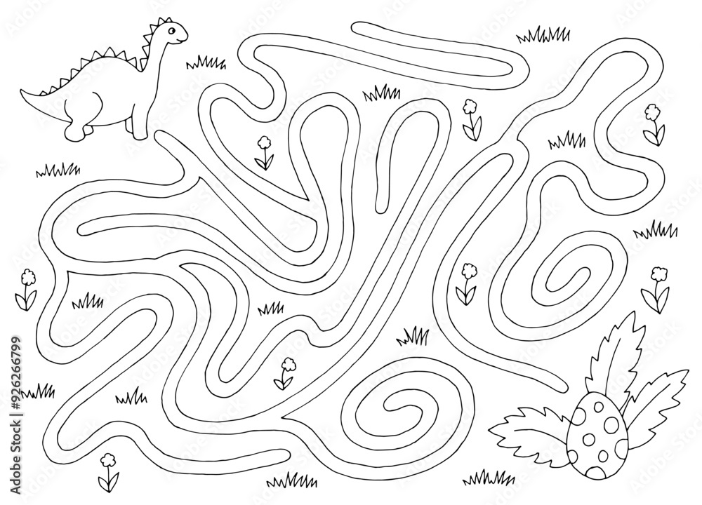 Obraz premium Dinosaur maze graphic black white sketch illustration vector