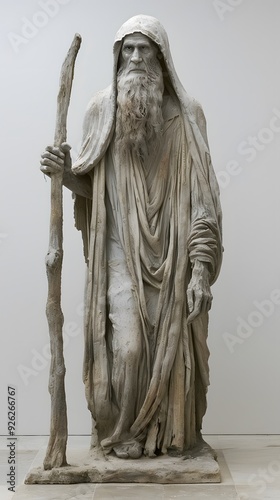 Stone Sculpture of an Old Man with a Staff. photo