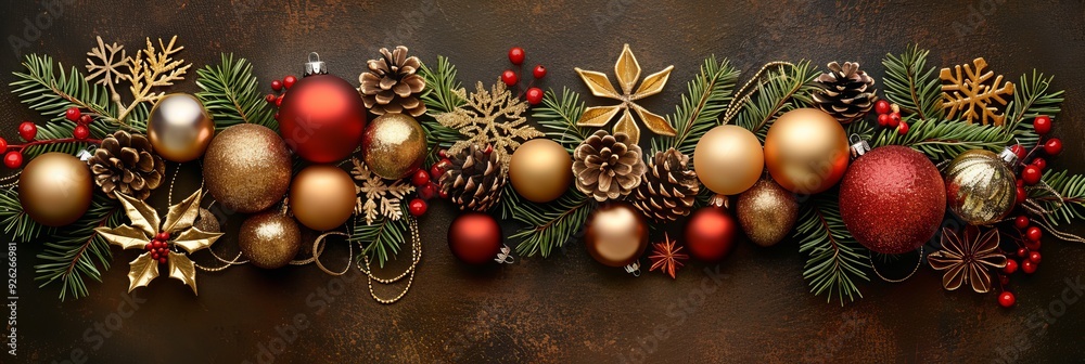 Christmas border of red, gold ornaments, fir, pine cones, red berries on rustic background Christmas border of red, gold ornaments, fir, pine cones, red berries on rustic background