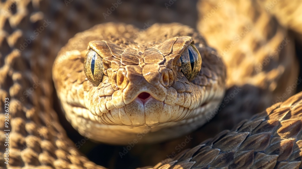 Macro photograph showcasing the detailed and textured scales of a coiled snake, with its piercing golden eyes looking directly at the camera in a lifelike portrayal. Macro photograph showcasing the detailed and textured scales of a coiled snake, with its piercing golden eyes looking directly at the camera in a lifelike portrayal.