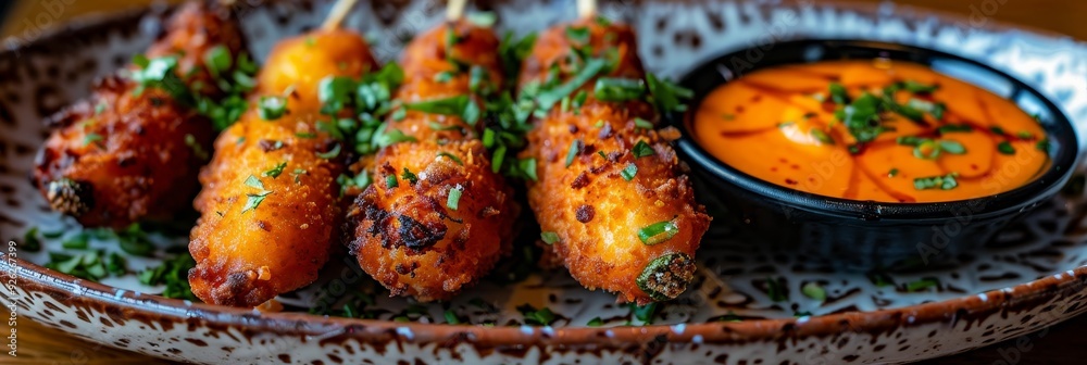 Close-up of Deep-fried Cheese Sticks with a Spicy Dipping Sauce, Ideal for Pub Food Photography