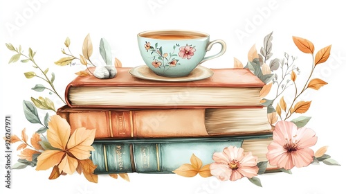 Random set Stickers Whimsical cartoonish illustration of a vintage book stack with a floral teacup and leaves, pastel colors, warm and inviting
