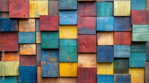 This image features a collection of brightly colored rectangular wooden blocks, creating a playful and dynamic composition ideal for artistic and creative decors.