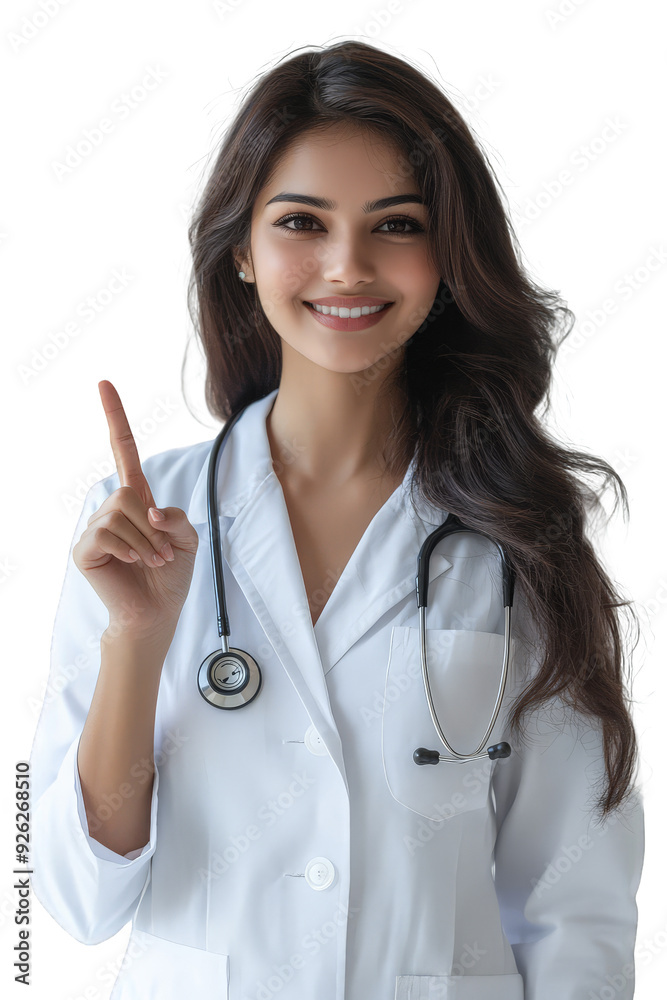 Young Indian Female Doctor in a White Lab Coat with a Stethoscope, Pointing with Finger, Transparent Background Young Indian Female Doctor in a White Lab Coat with a Stethoscope, Pointing with Finger, Transparent Background