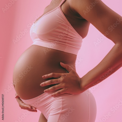 A close-up of a pregnant woman cradling her belly, wearing soft pink activewear, capturing the beauty and anticipation of motherhood in a warm, intimate moment.