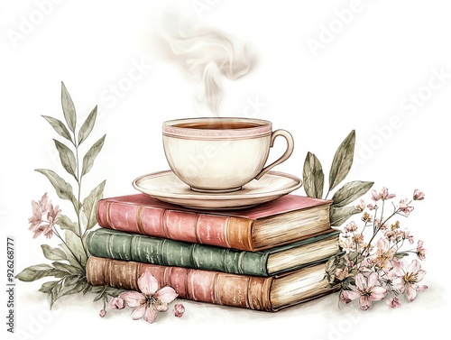 A cozy scene featuring a steaming cup of tea on stacked books with delicate flowers and green leaves, perfect for relaxation.